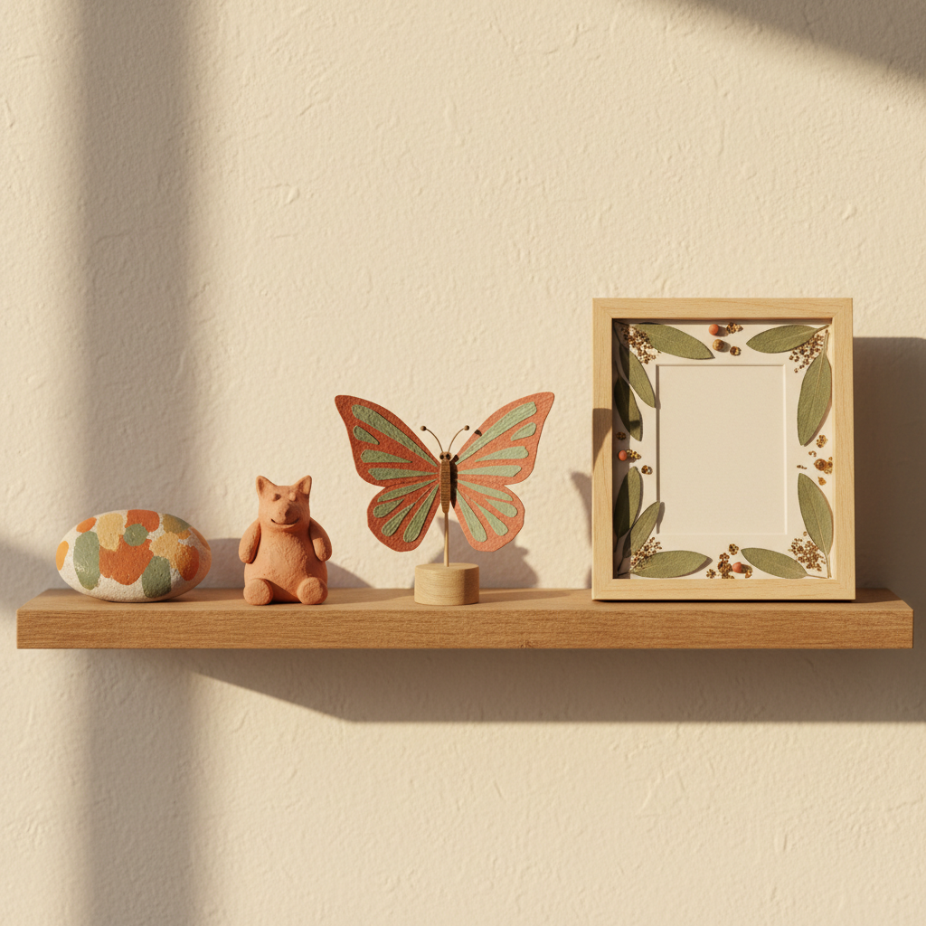 Finished children's craft projects displayed on a shelf
