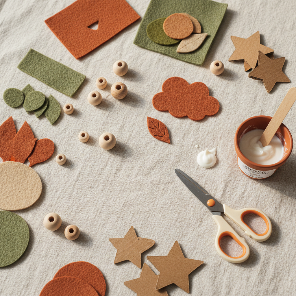 Natural craft materials neatly arranged on a linen surface