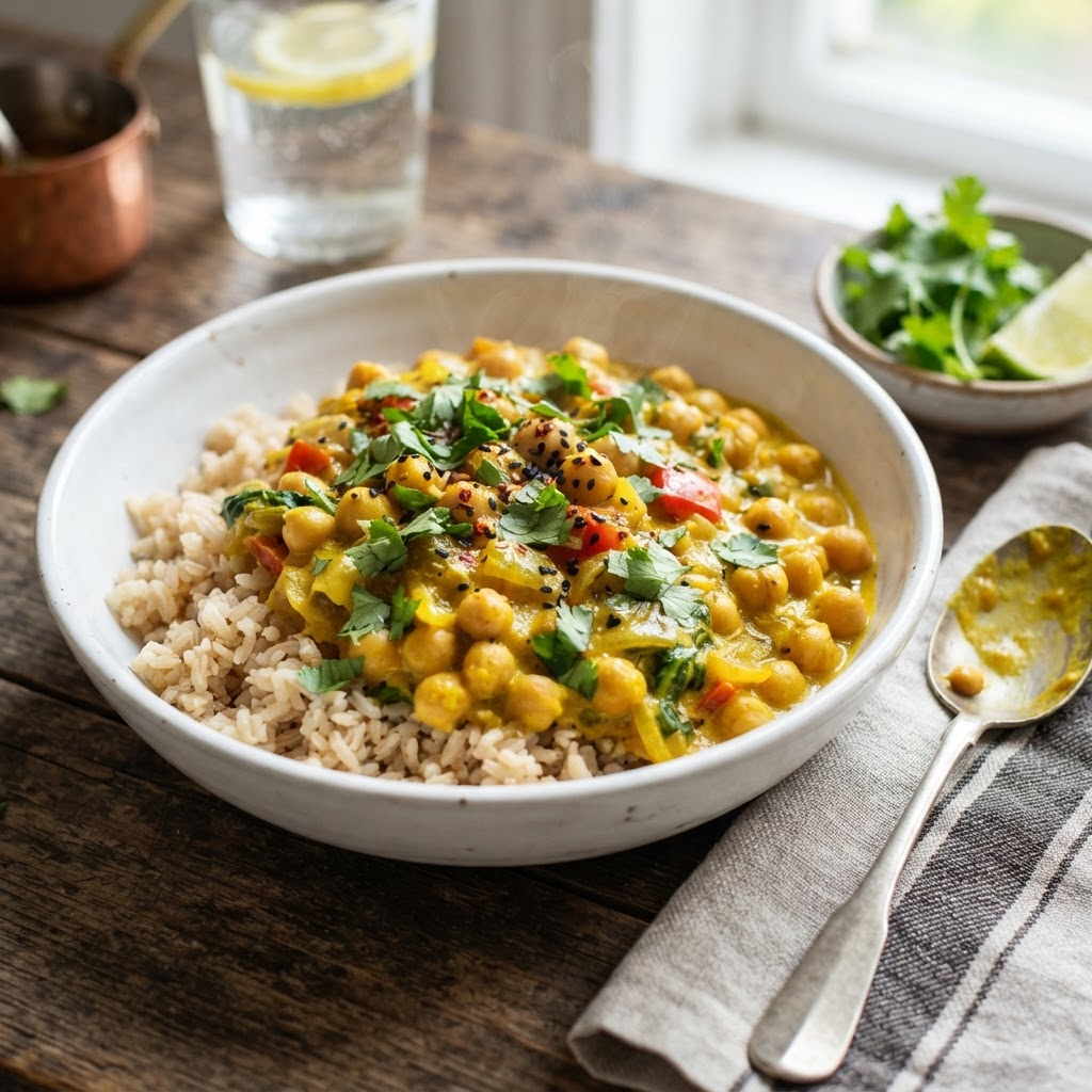 Yellow Curried Chickpeas & Brown Jasmine Rice