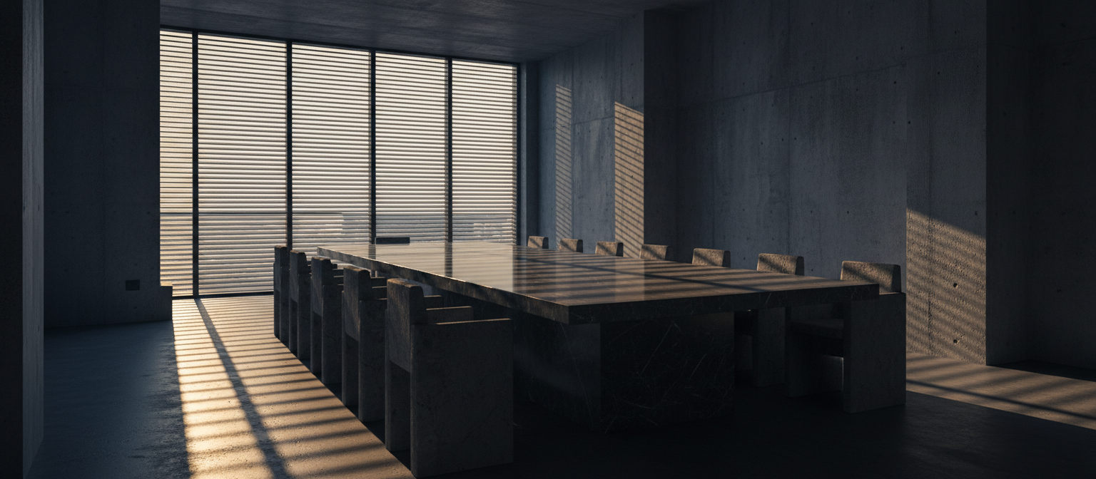 Monumental brutalist architecture in dramatic chiaroscuro lighting