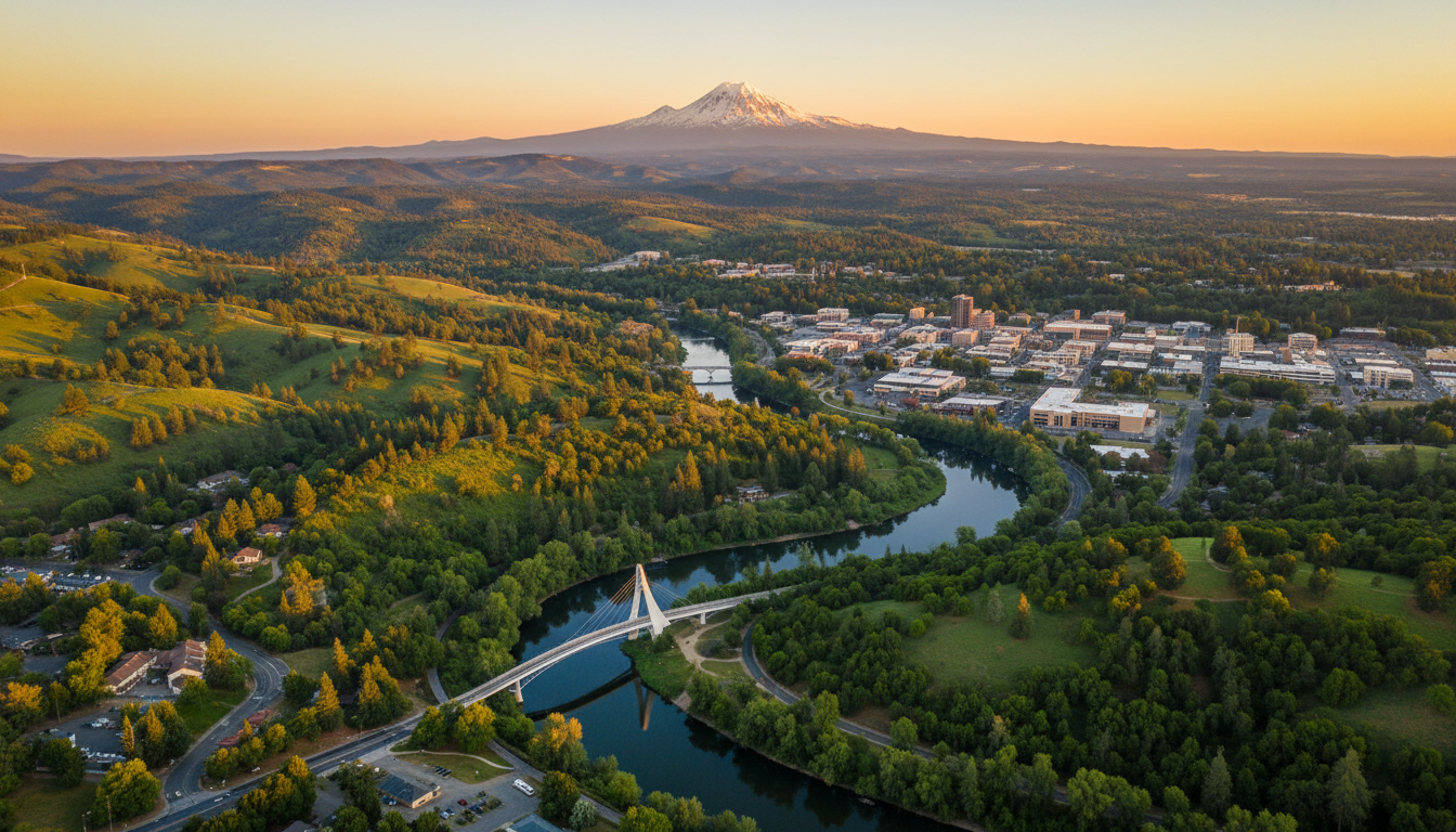 Aerial view of Redding California at golden hour with Mount Shasta in the background