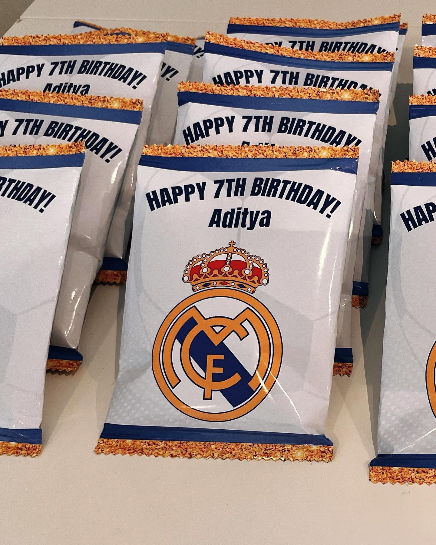 Real Madrid favour bags personalised for Aditya's 7th birthday.