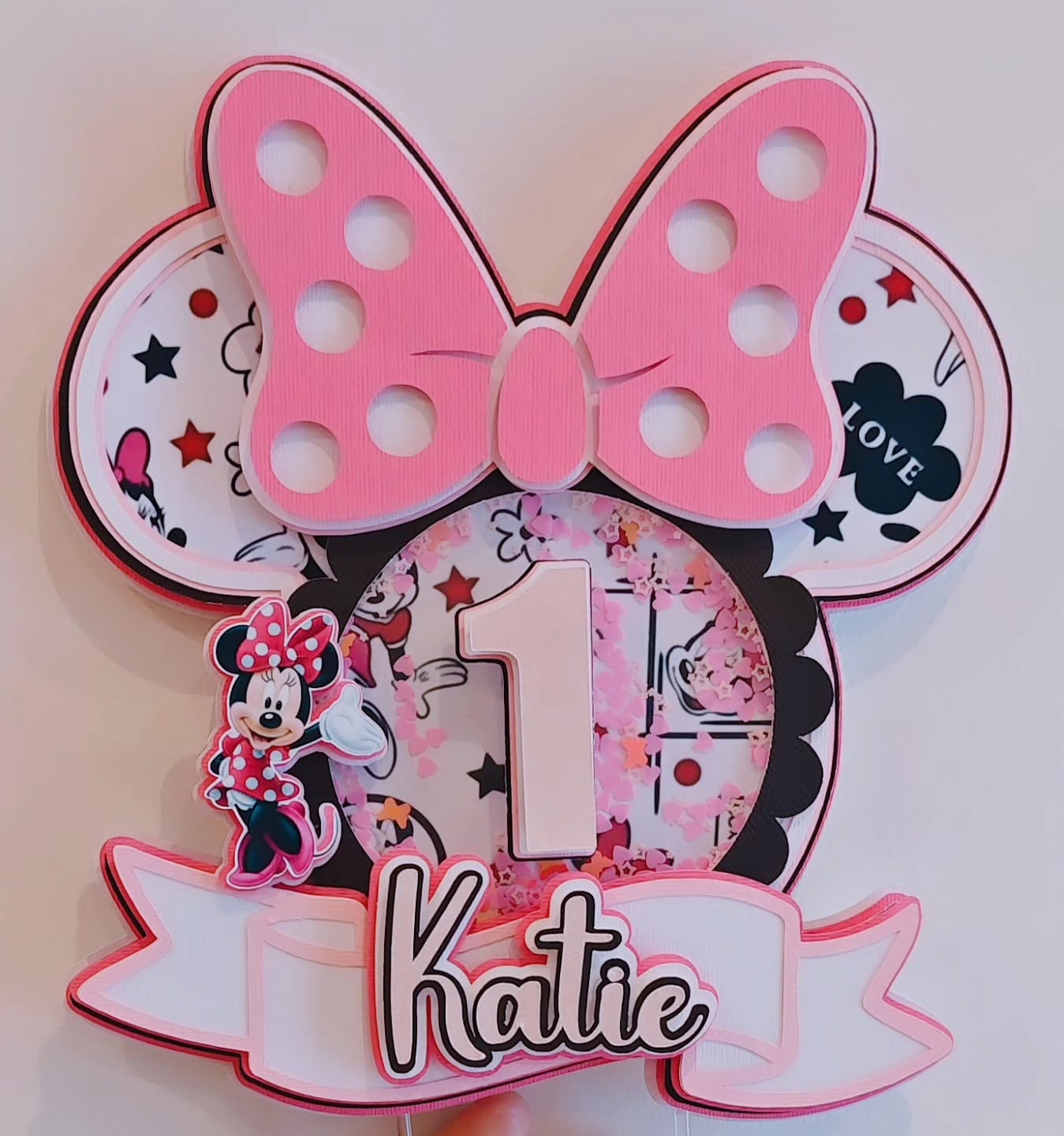 Minnie Mouse shaker topper with loose sequins for Katie's 1st birthday.