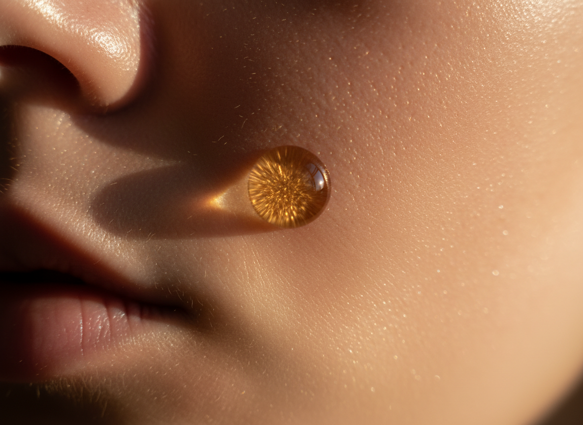 Golden drop on luminous skin