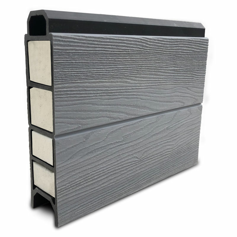Cross-section of composite wall panel showing wood grain exterior and built-in insulation