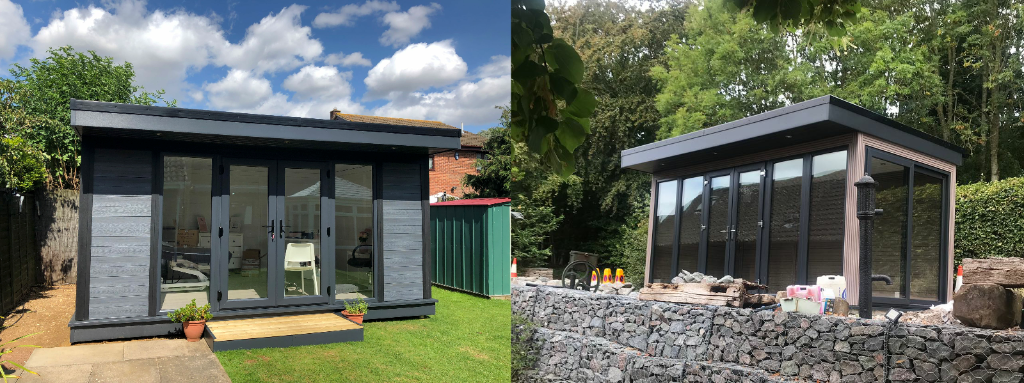 Garden room designs with dark composite cladding and bifold doors
