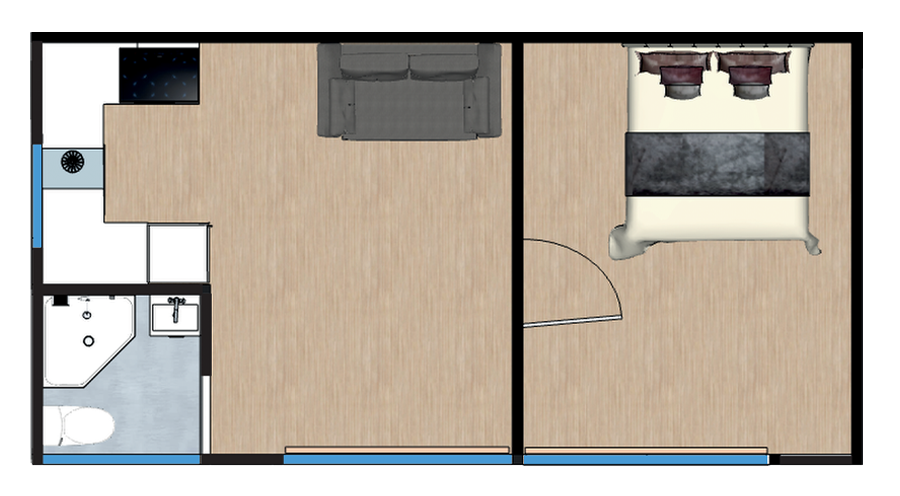 One-bedroom annexe floor plan showing separate bedroom, living area, kitchen and bathroom