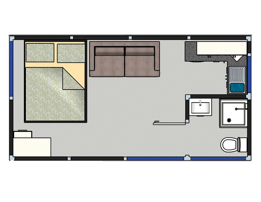 Studio annexe floor plan showing open-plan bed, sofa, kitchenette and bathroom