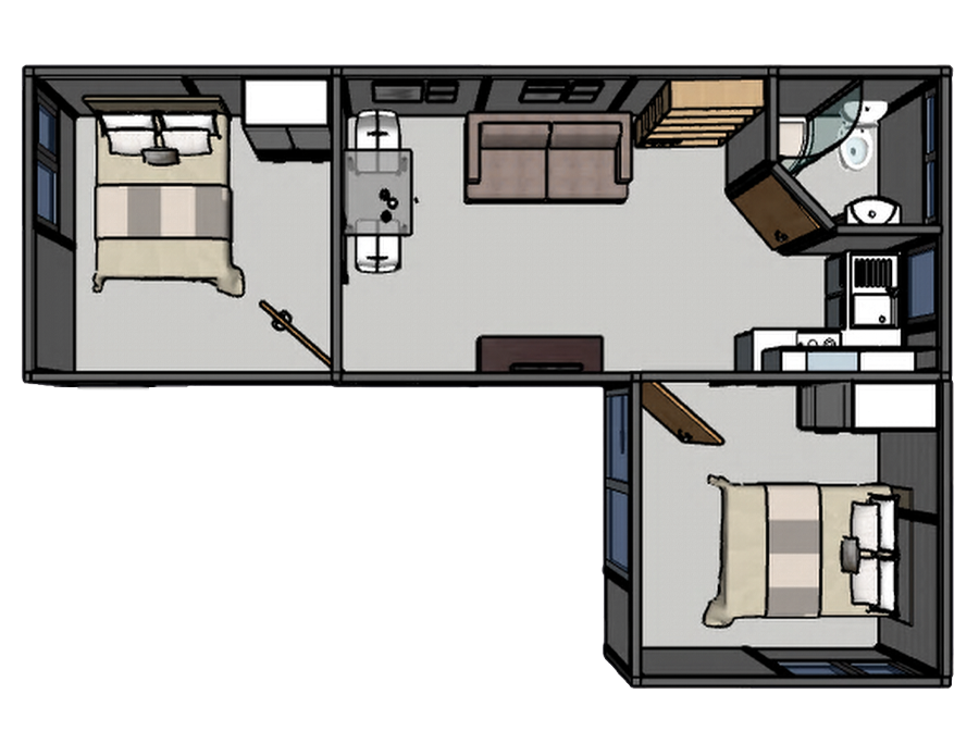 Two-bedroom L-shape annexe floor plan showing two bedrooms, living area, kitchen and bathroom