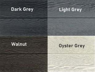 Composite cladding colour options: Dark Grey, Light Grey, Walnut, and Oyster Grey