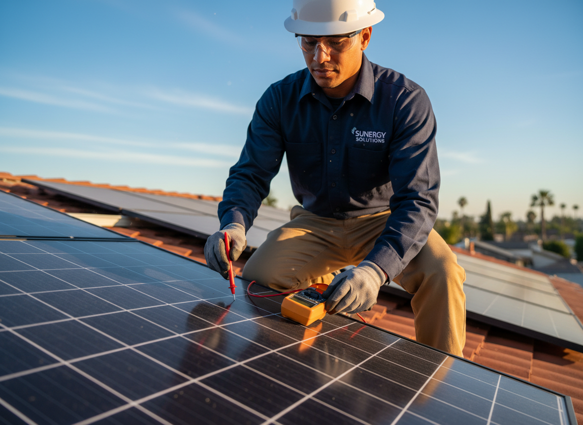 Solar technician diagnosing panel issues
