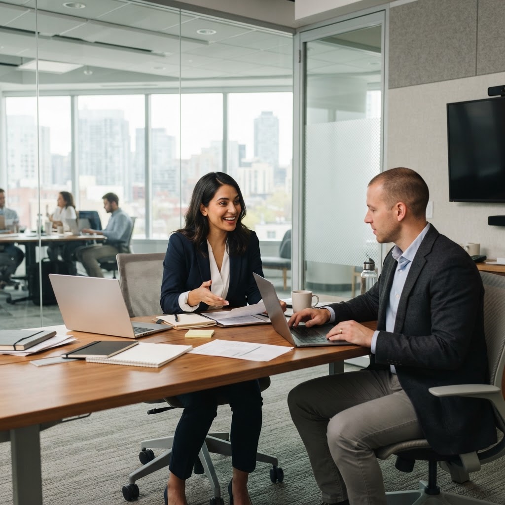 Professionals collaborating in a modern corporate office