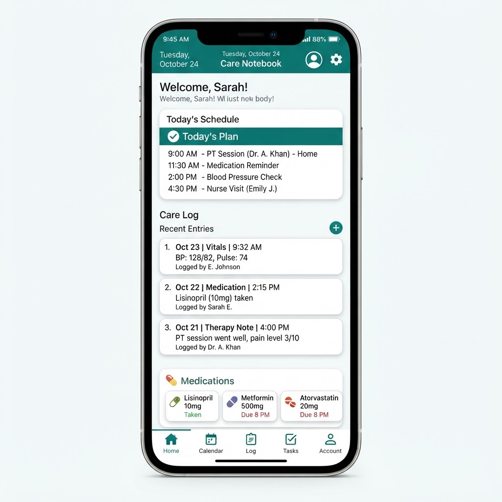 InHomeCareNotebook dashboard showing today's care summary, recent log entries, and medication quick access