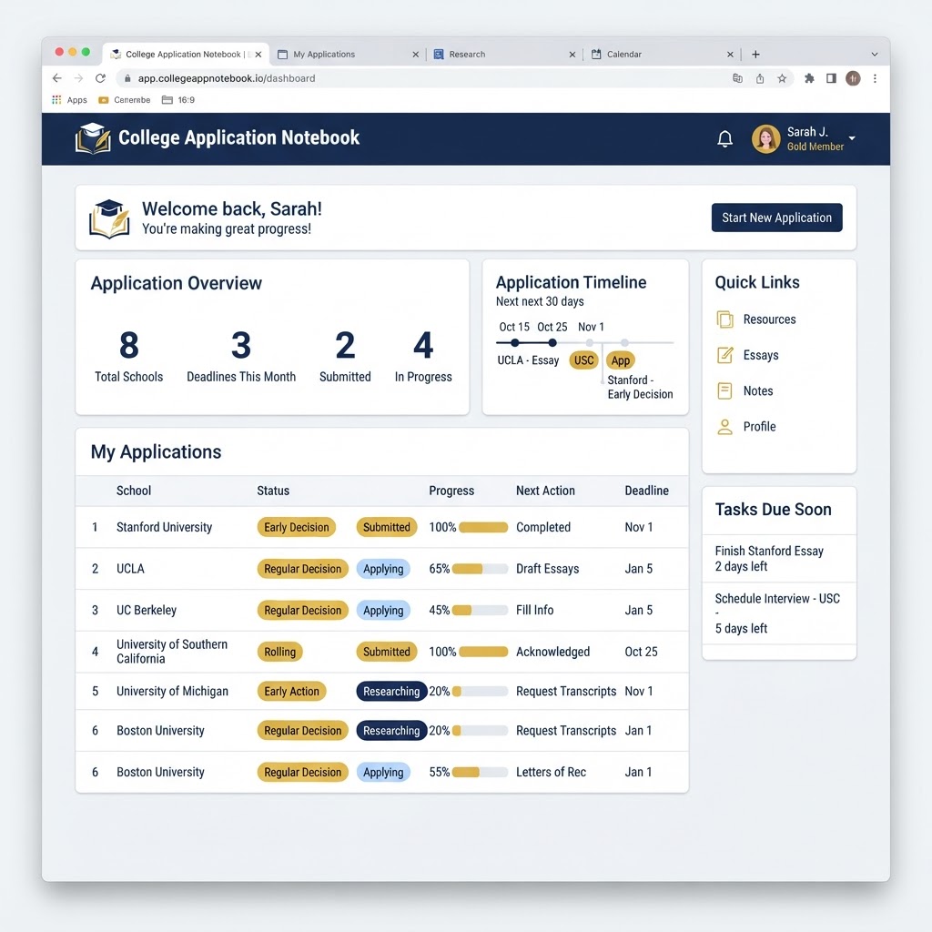 College Application Notebook dashboard showing application deadlines, school list, and timeline