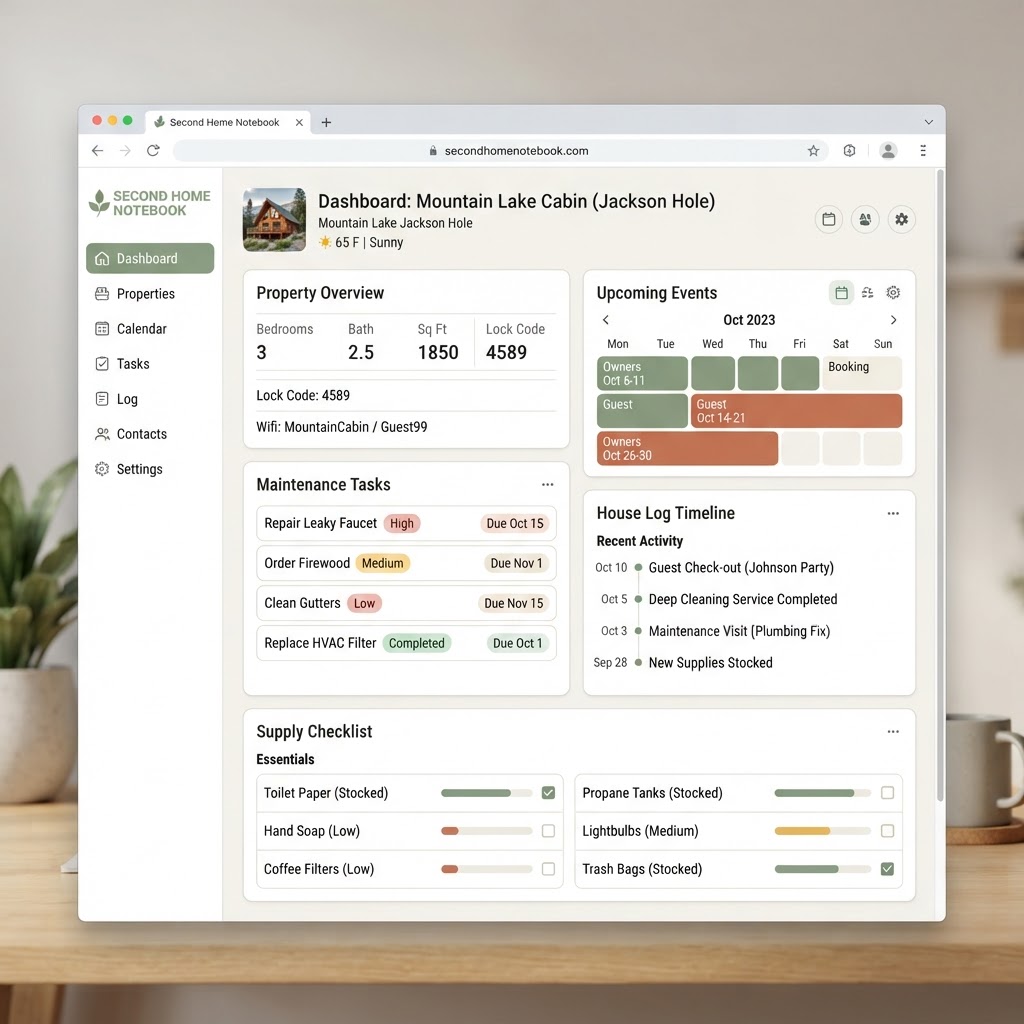 Second Home Notebook dashboard showing property maintenance, house log, and upcoming tasks