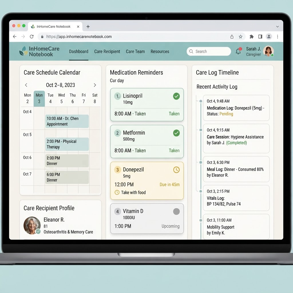 InHomeCare Notebook dashboard showing care schedule, medication reminders, and care log