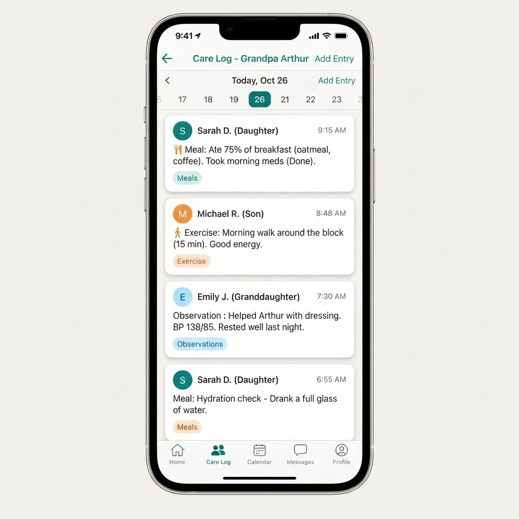 InHomeCareNotebook Care Log showing timestamped entries from different family caregivers