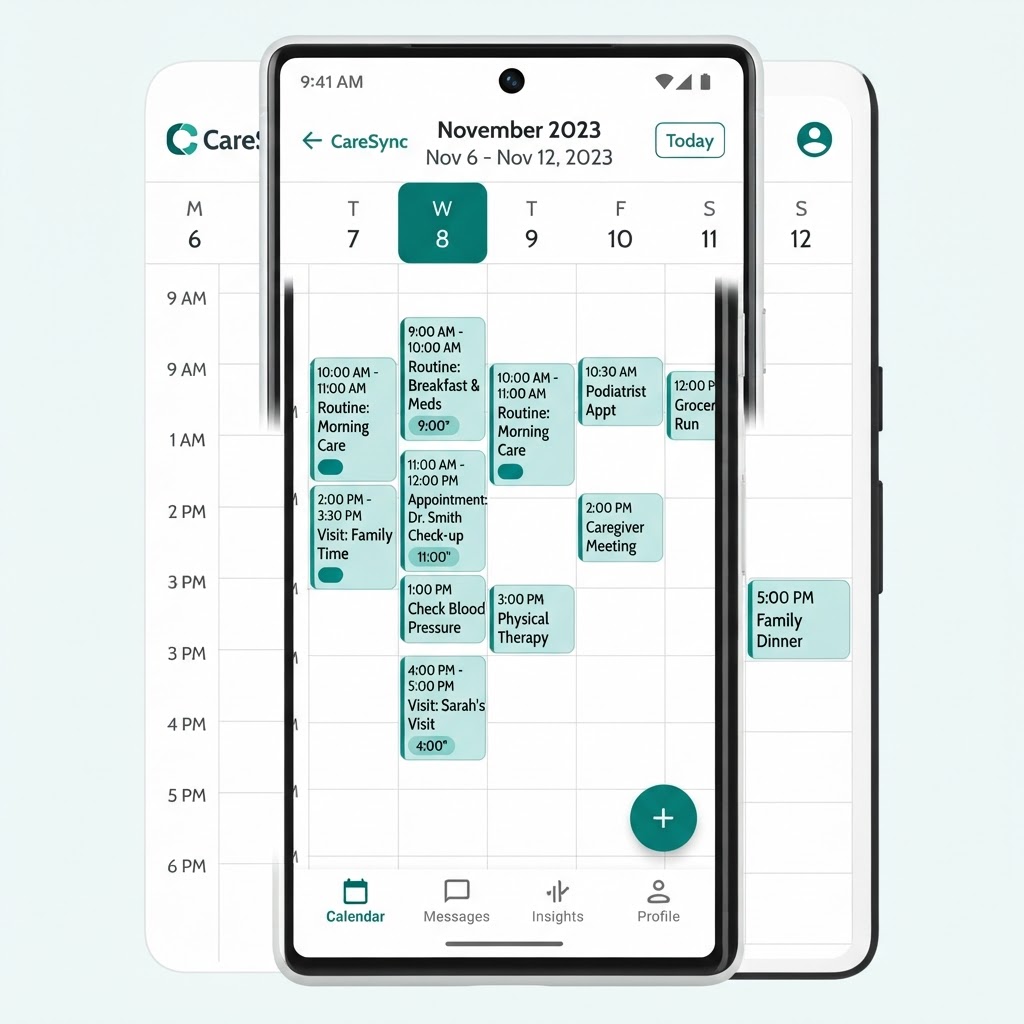 InHomeCareNotebook Care Schedule week view with color-coded care events