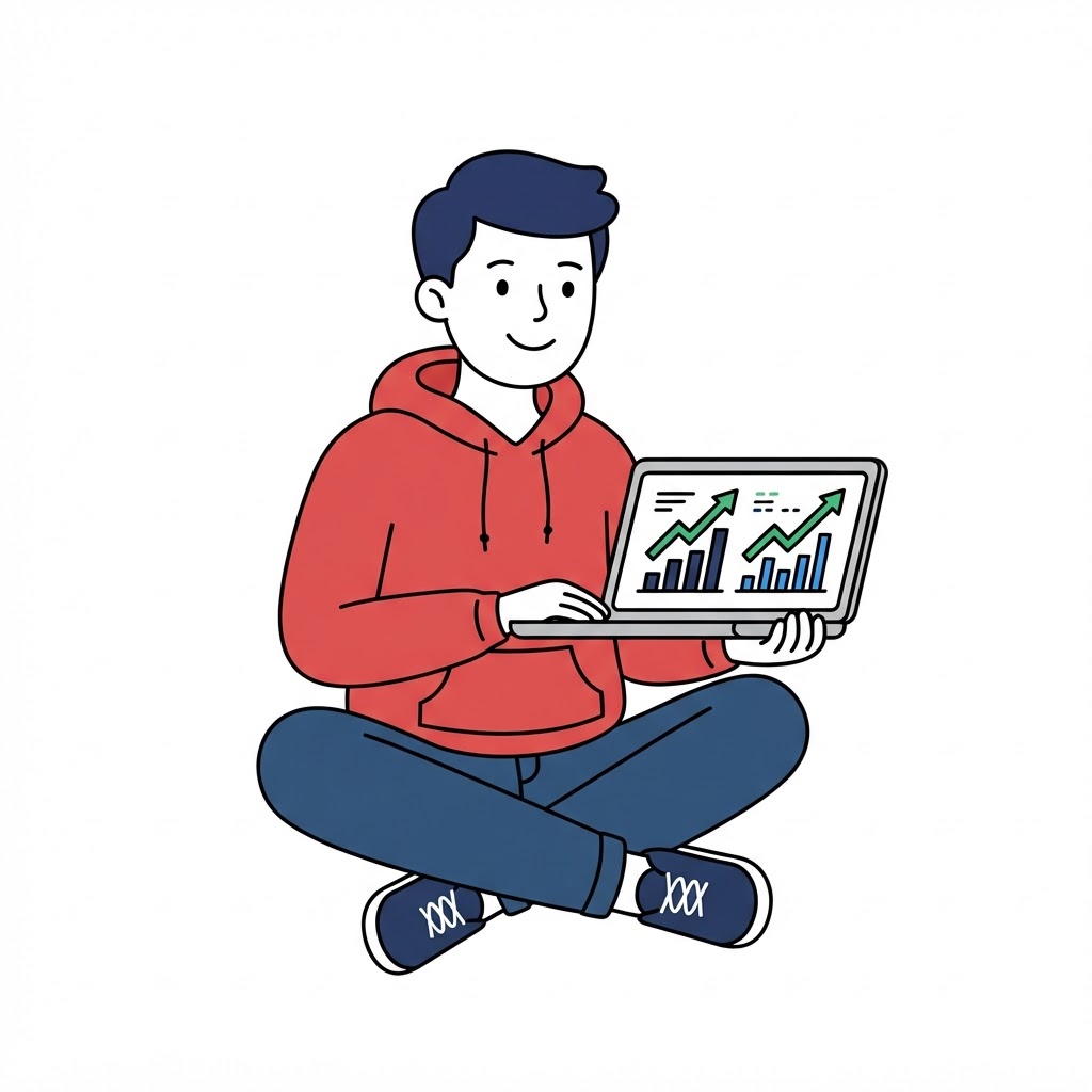 StoryRadar mascot holding a laptop showing a growth dashboard