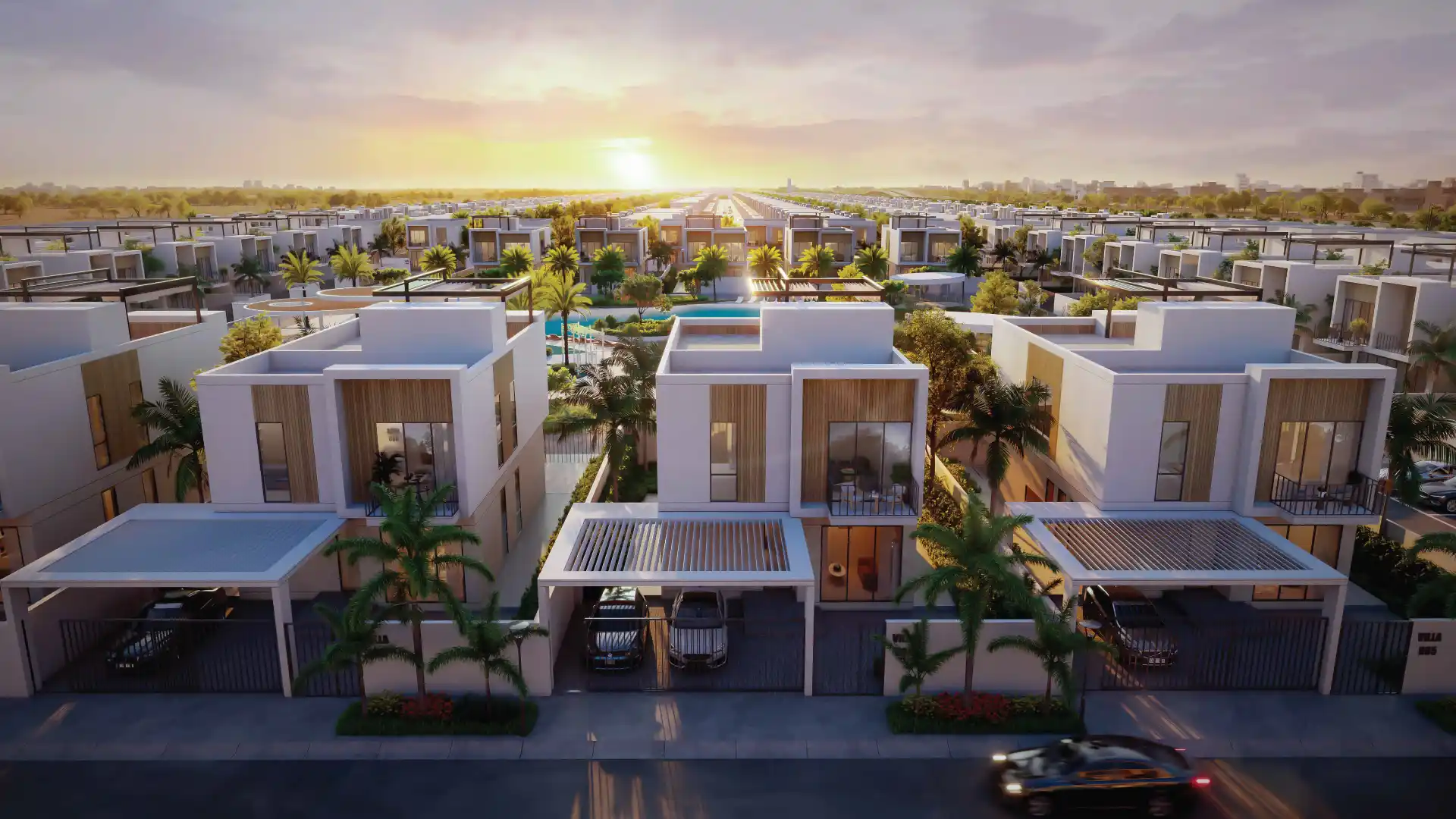 Sukoon by Sanzen — premium villas community in Sharjah at sunset