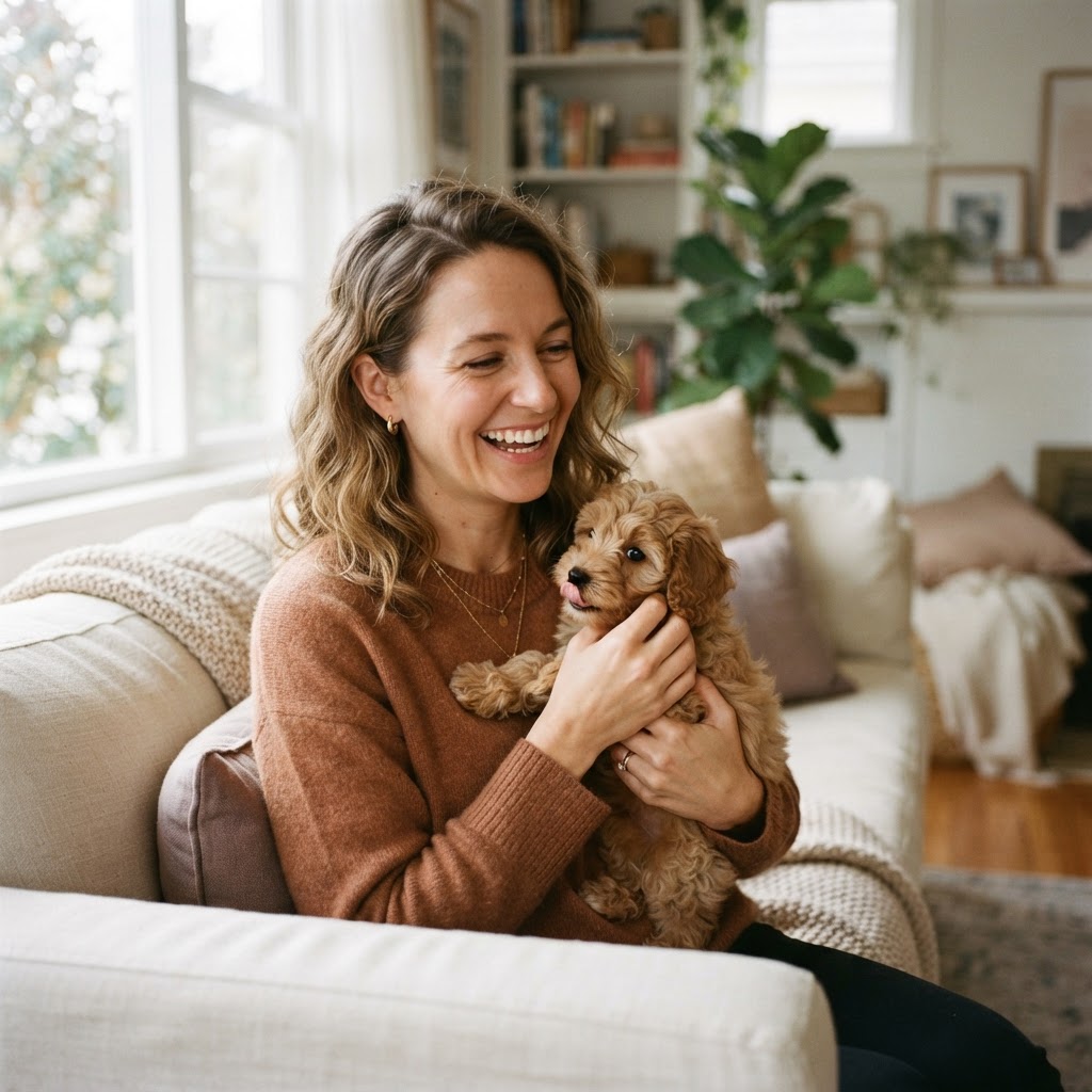 Abby Peterson, breeder at Willow Creek Cavapoos, with a Cavapoo