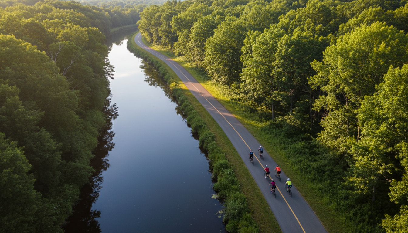 Cyclists on the Erie Canalway Trail at sunrise