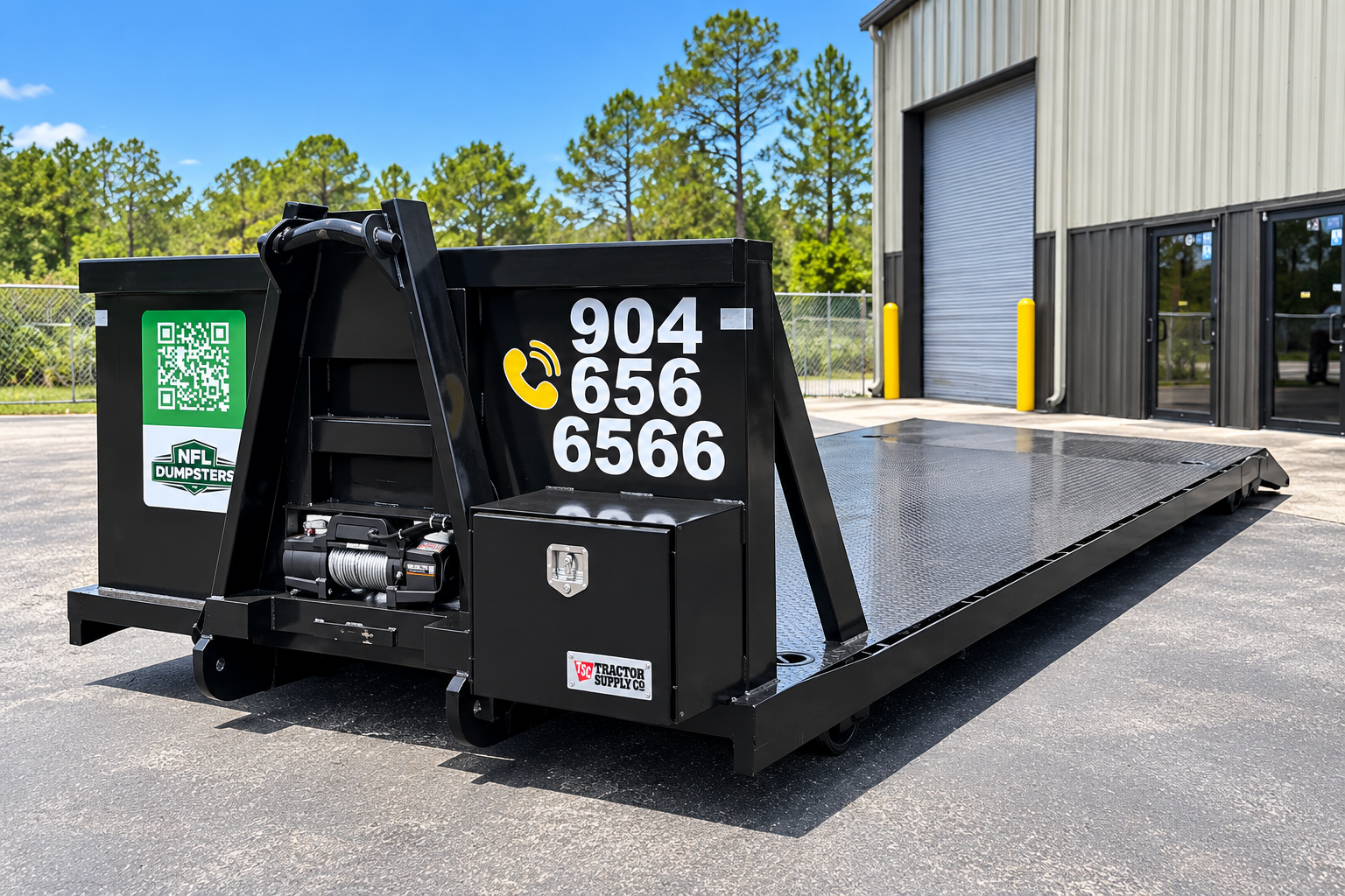 NFL Dumpsters flatbed hauling trailer with winch, ready to move junk cars, heavy equipment and oversized items in Jacksonville FL