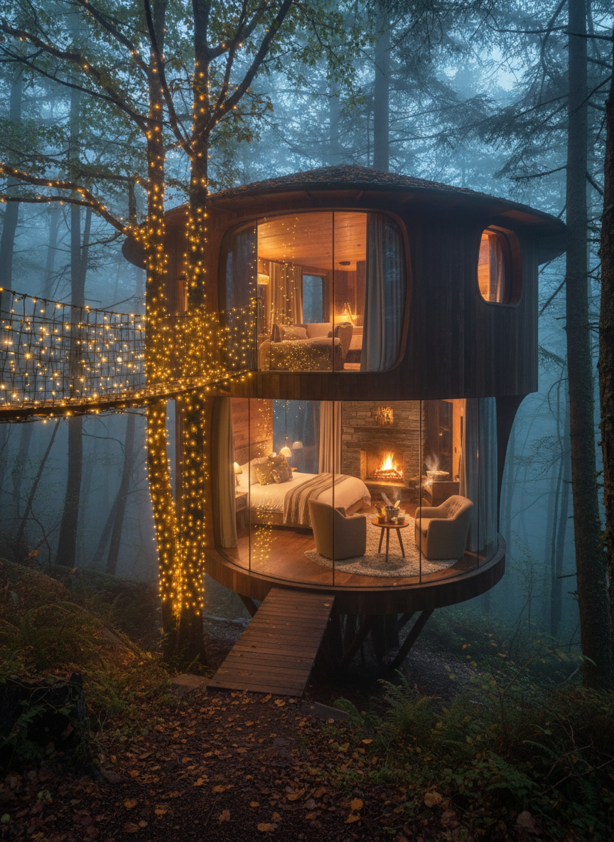 Luxury treehouse lodge with fairy lights