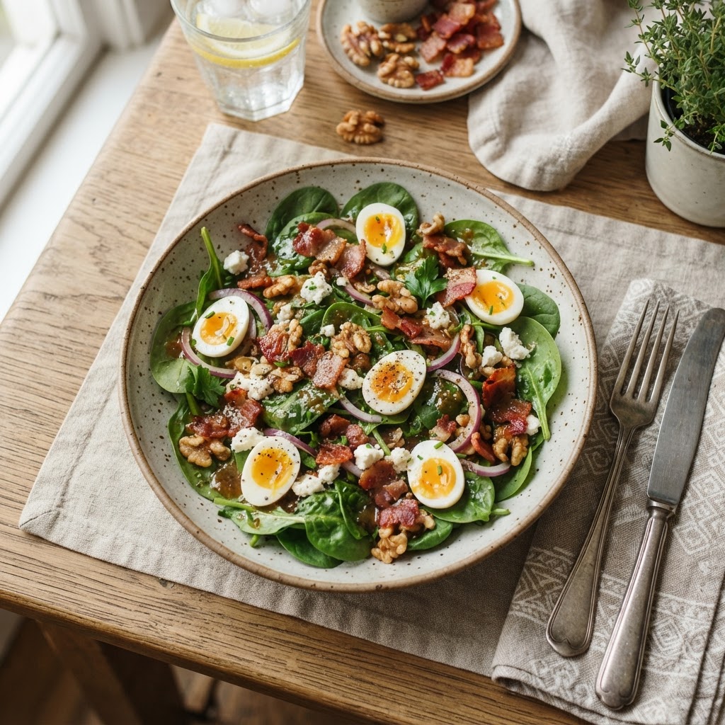 Salade tiède aux épinards et bacon