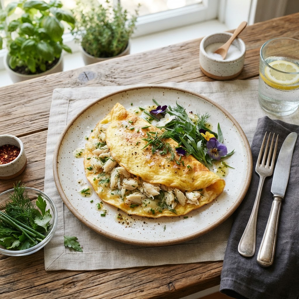 Omelette au crabe et fines herbes