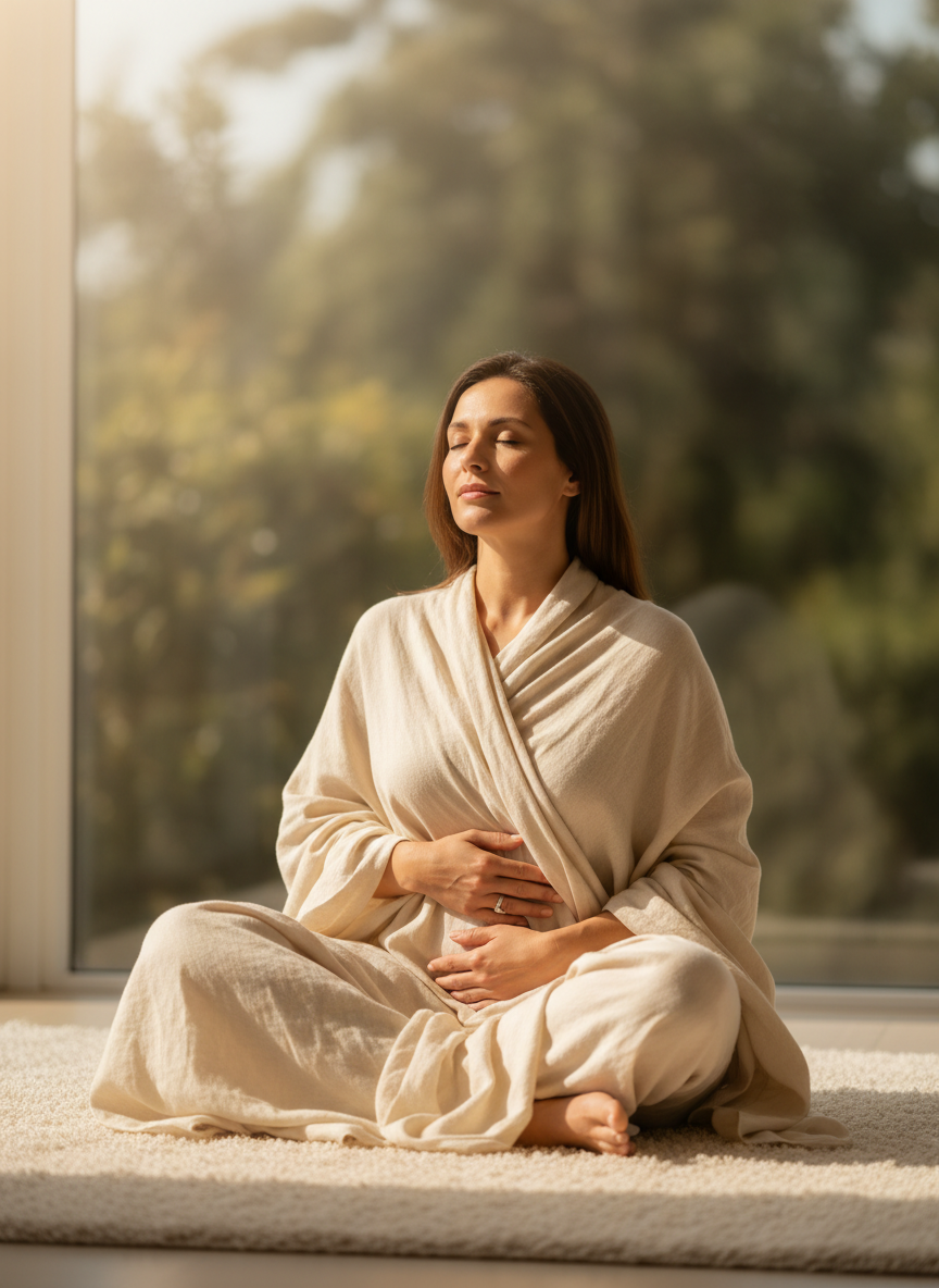 Woman sitting peacefully in morning light