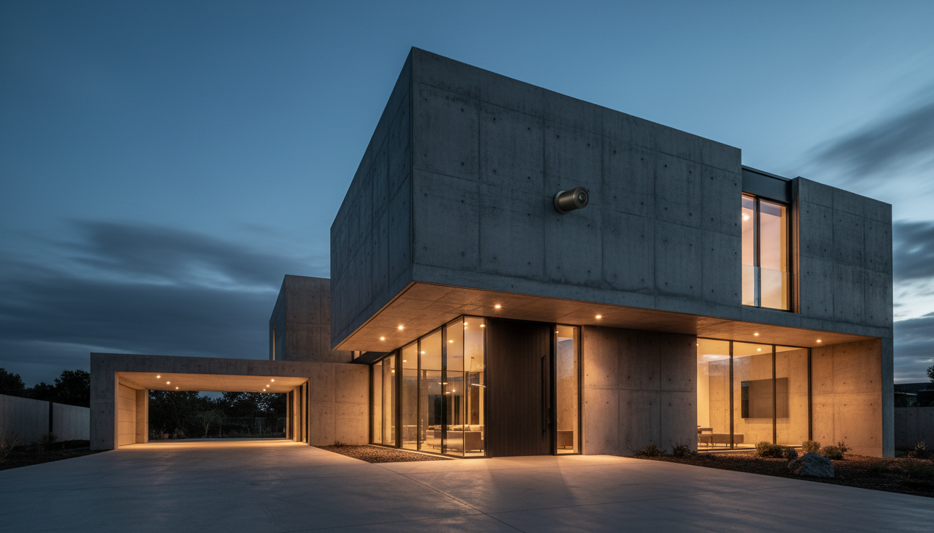 Modern minimalist home at twilight with integrated security system