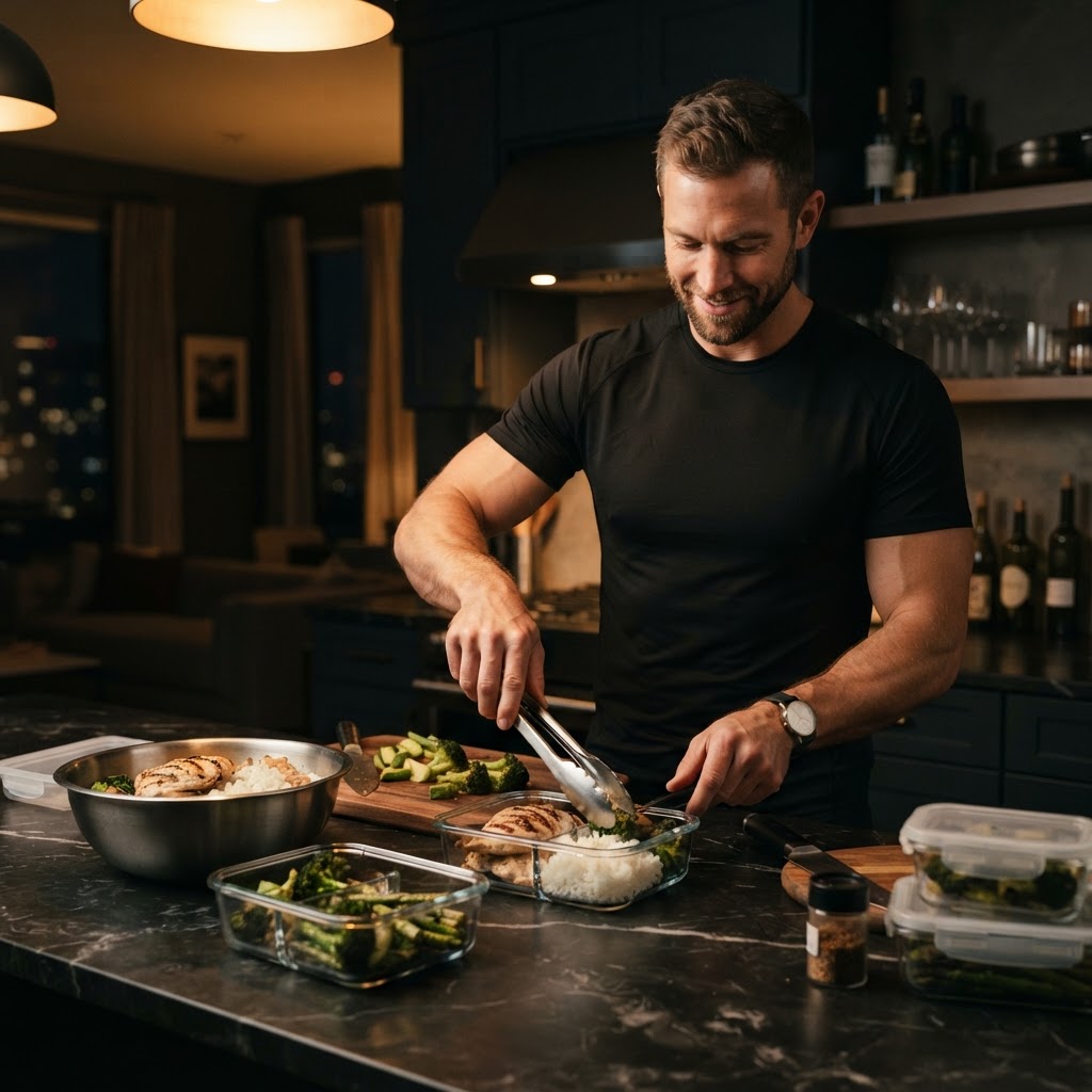 Man meal prepping high-protein containers in a modern kitchen