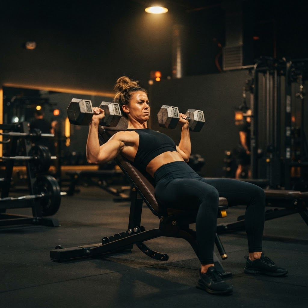 Member pressing dumbbells in a spotlight