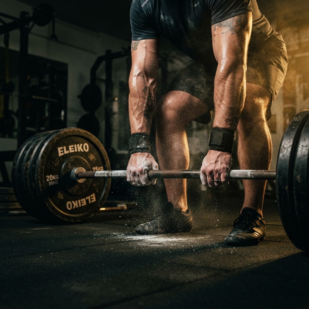 Chalked hands gripping a barbell before a heavy lift