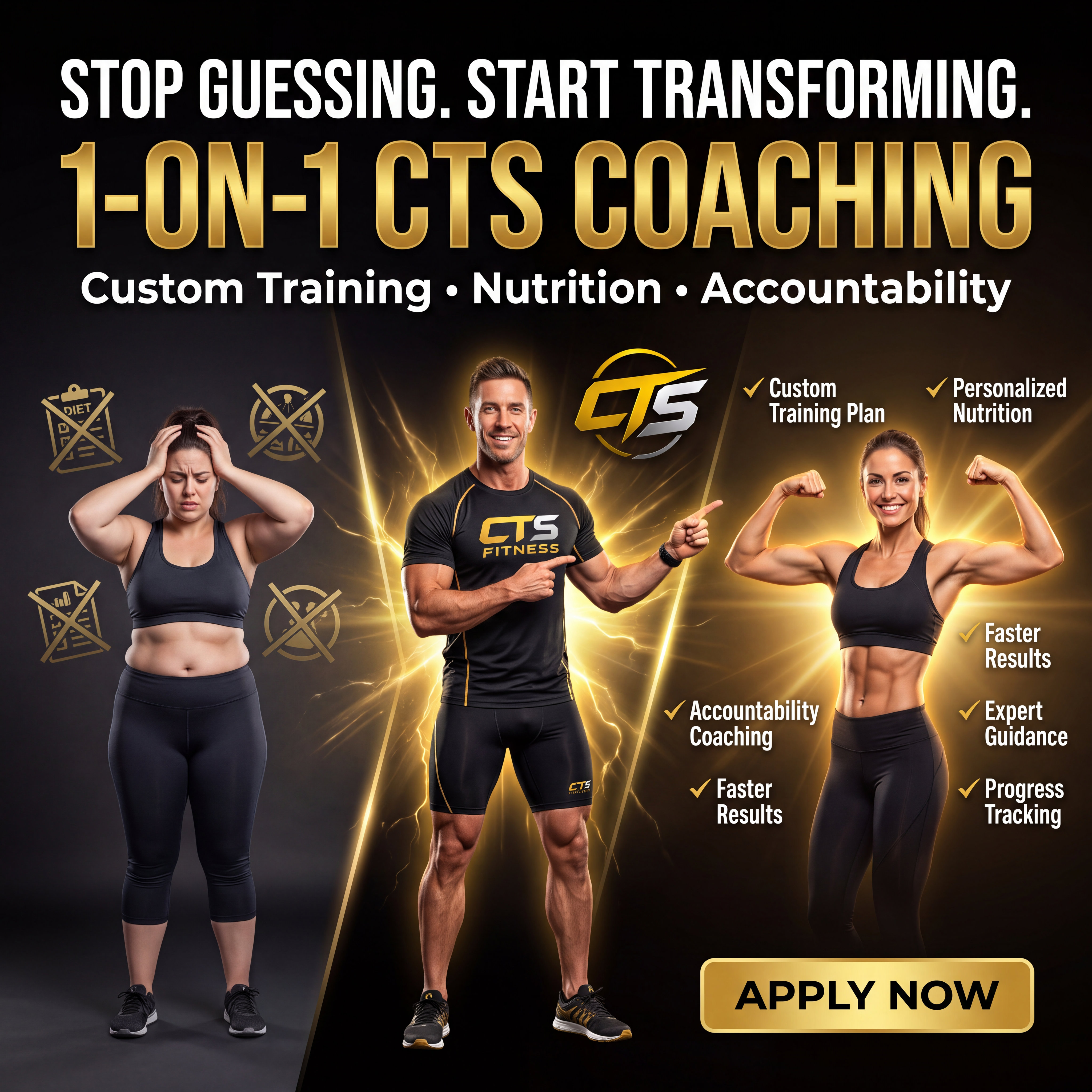 Stop guessing. Start transforming — 1-on-1 CTS coaching with custom training, nutrition and accountability. Apply now.