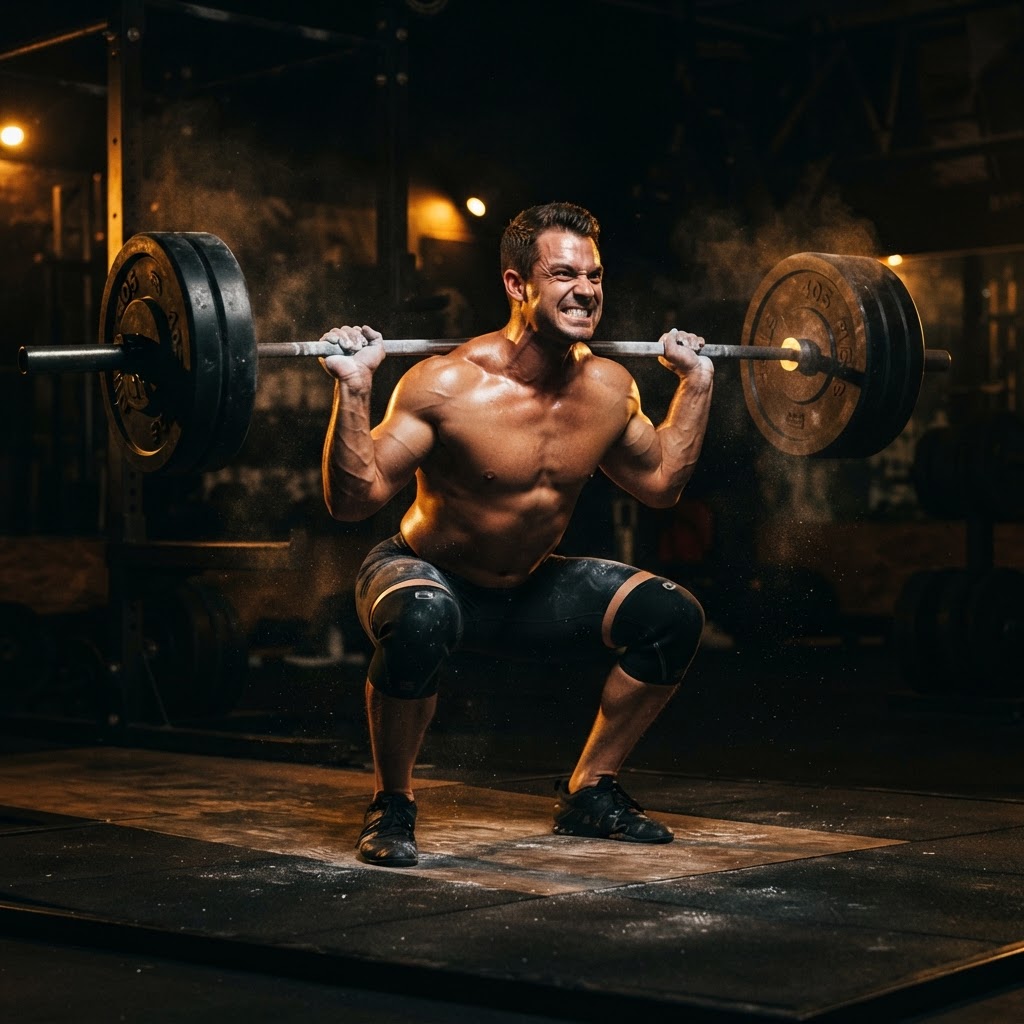 Athlete performing a heavy barbell squat