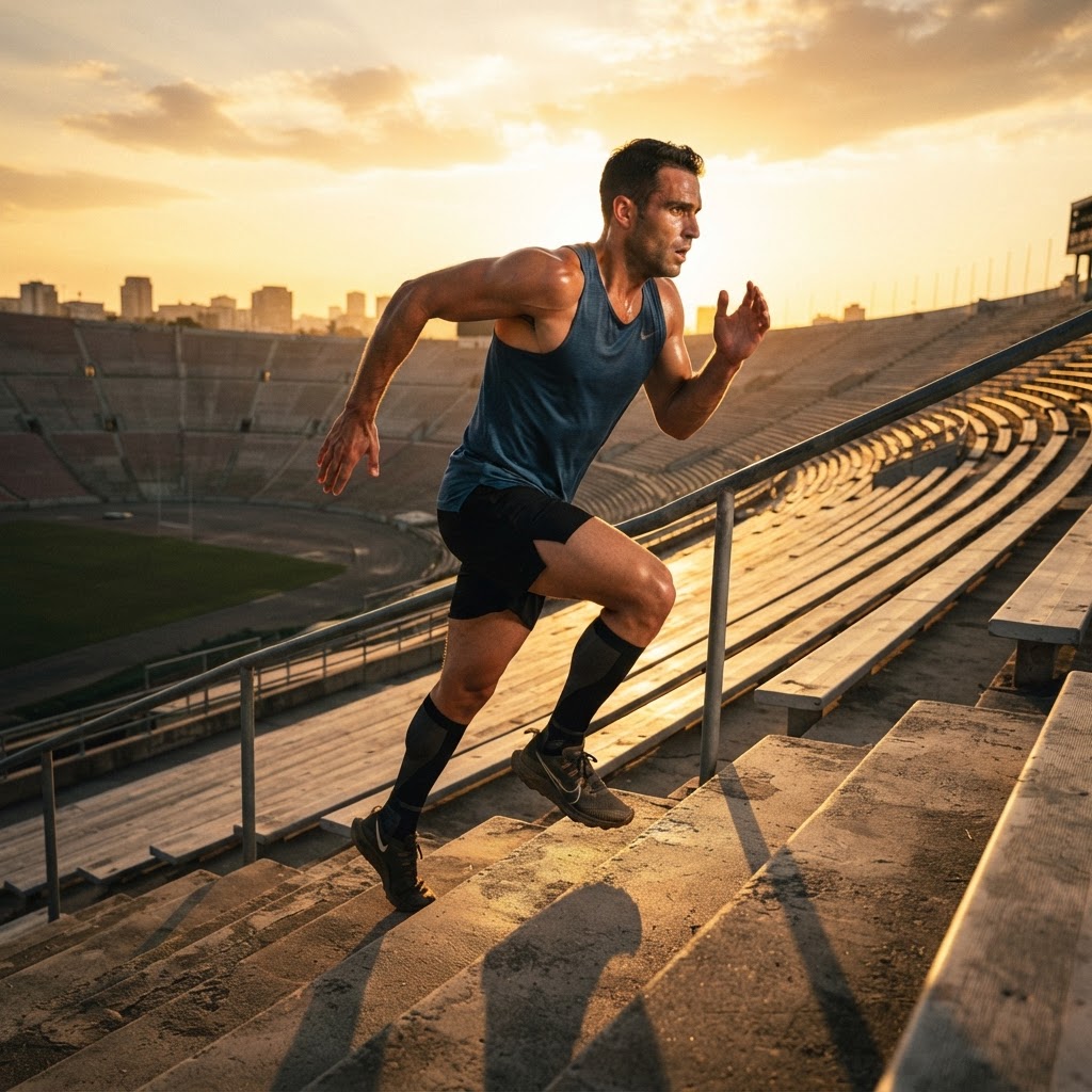 Athlete sprinting stadium stairs at golden hour