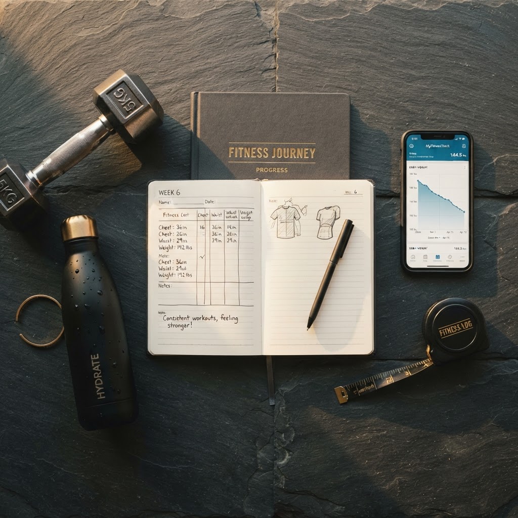Progress tracking journal, tape measure and phone