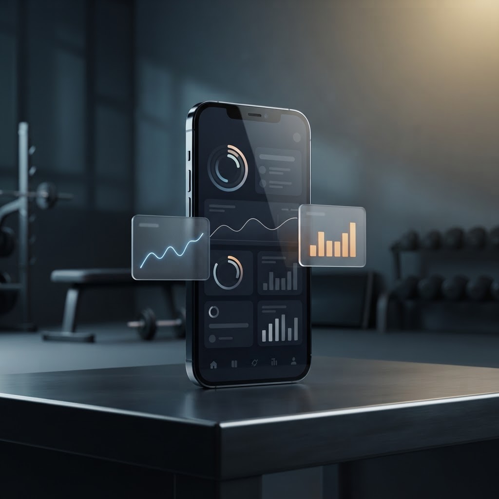 CTS Pro app dashboard on a phone in a gym, with workout and progress charts
