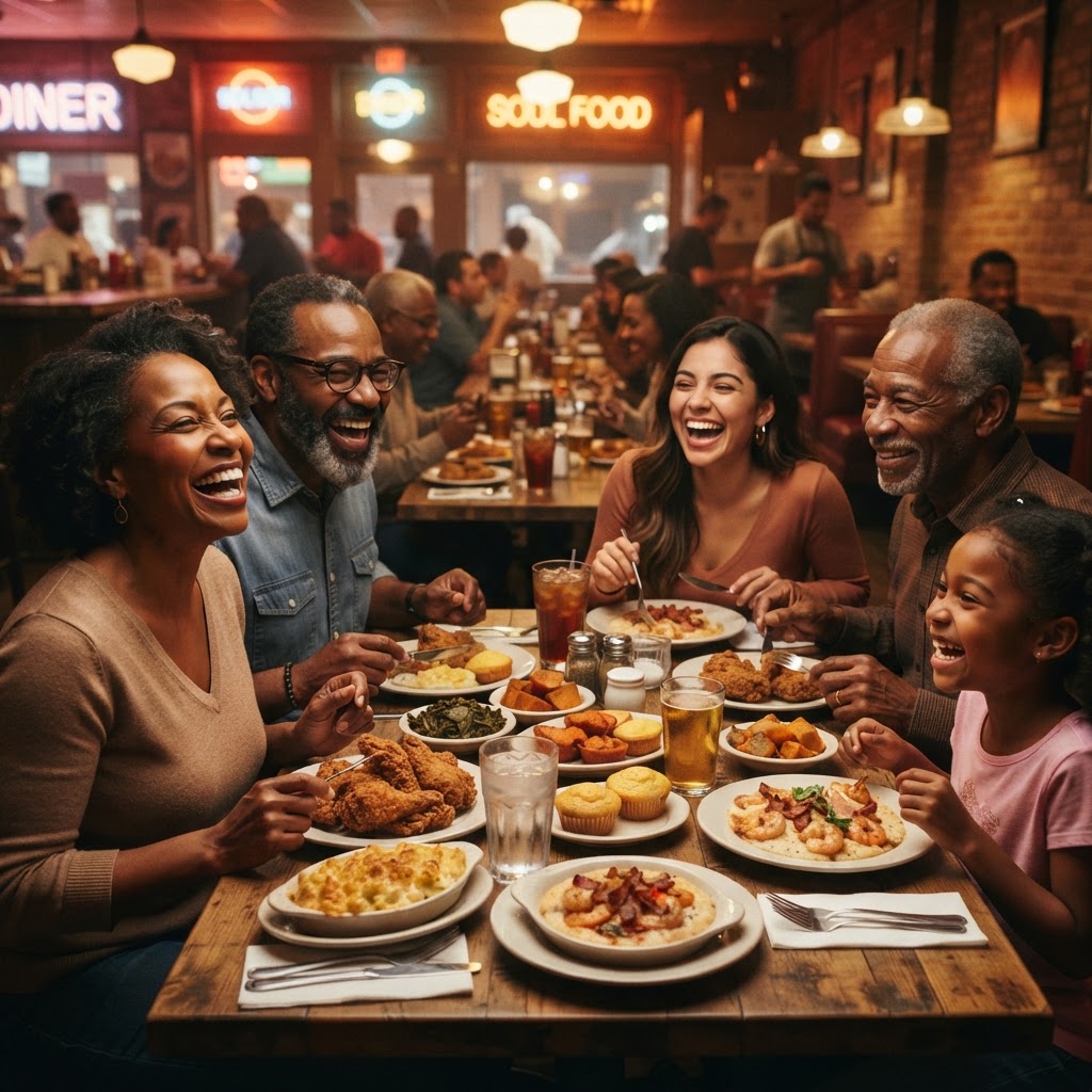 Friends and family enjoying a soul food meal together at Foodies