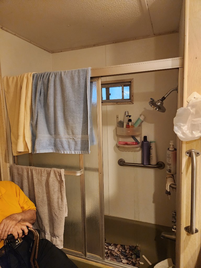 Cluttered shower before remodel