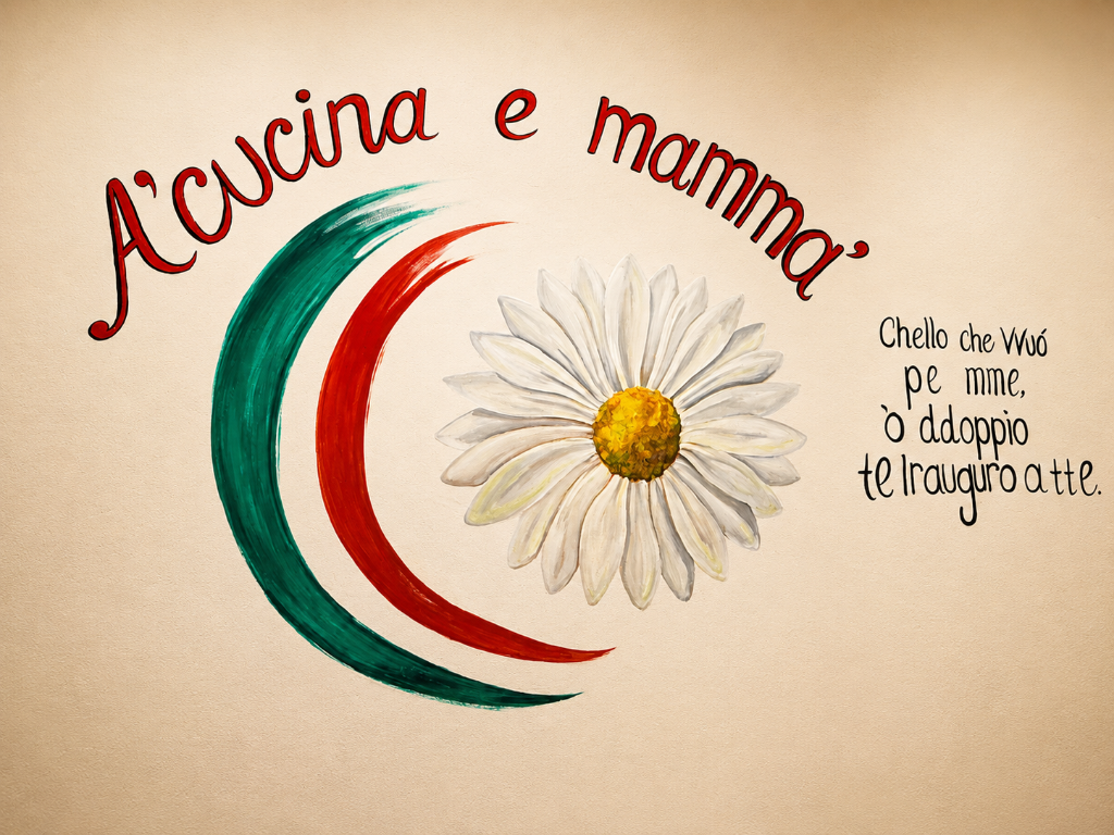 A' Cucina e Mamma mural on the wall at Donna Margherita Neapolitan restaurant, Upper East Side NYC