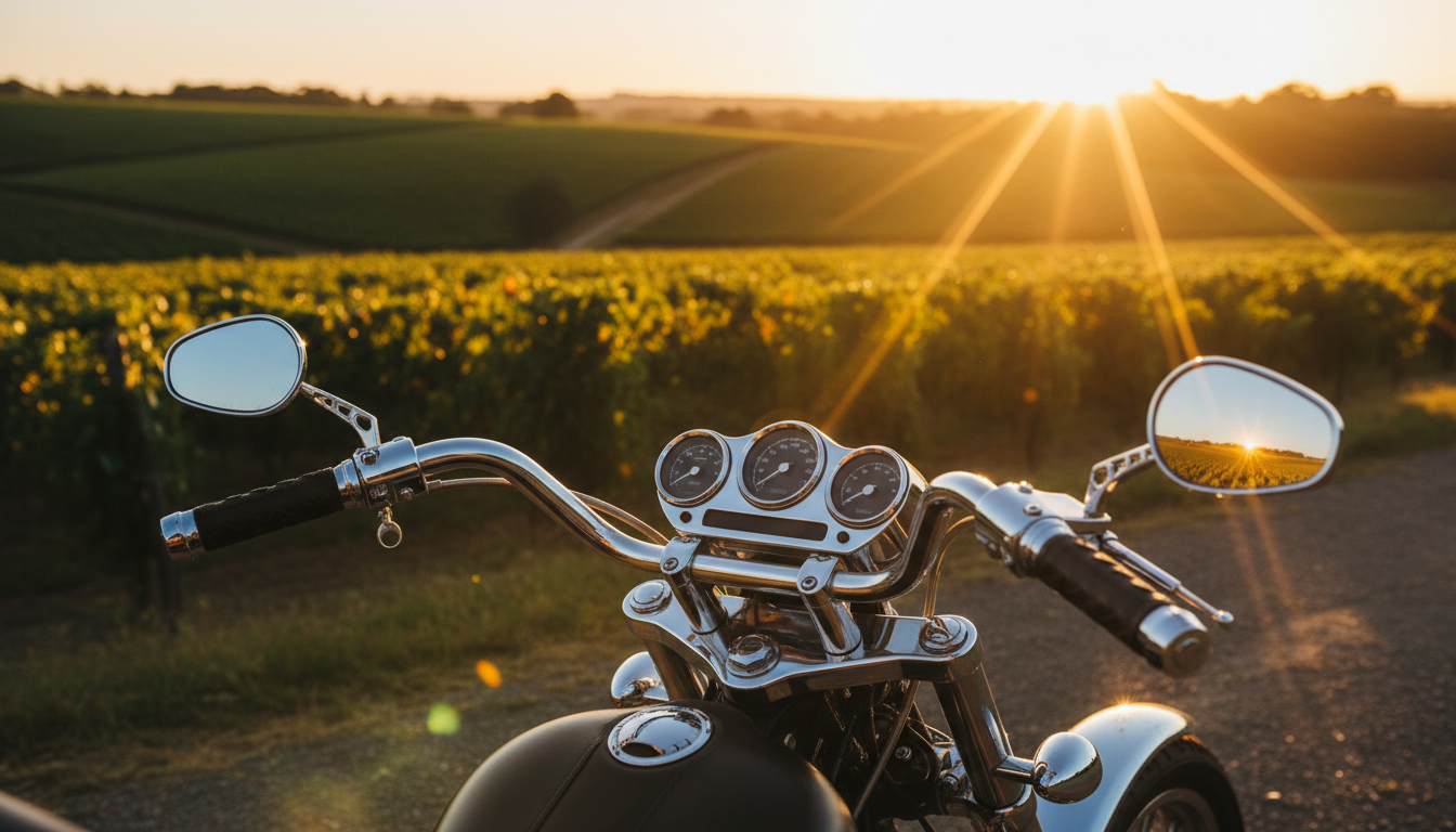 Chrome trike handlebars reflecting vineyard sunset