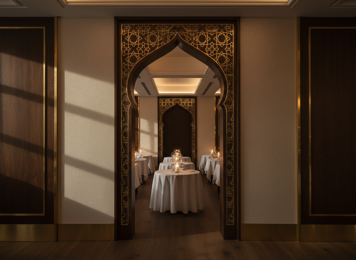 Elegant Mughal-inspired restaurant interior with warm ambient lighting