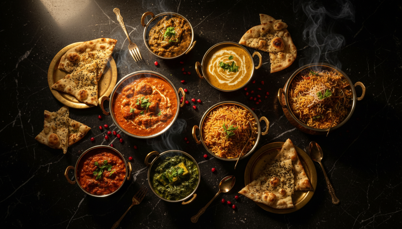 Elaborate spread of authentic Mughal cuisine on dark marble