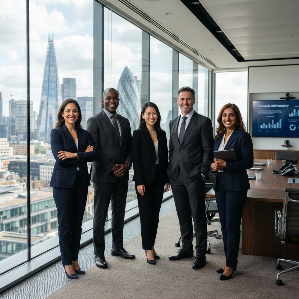 Five bankers in suits in a modern office