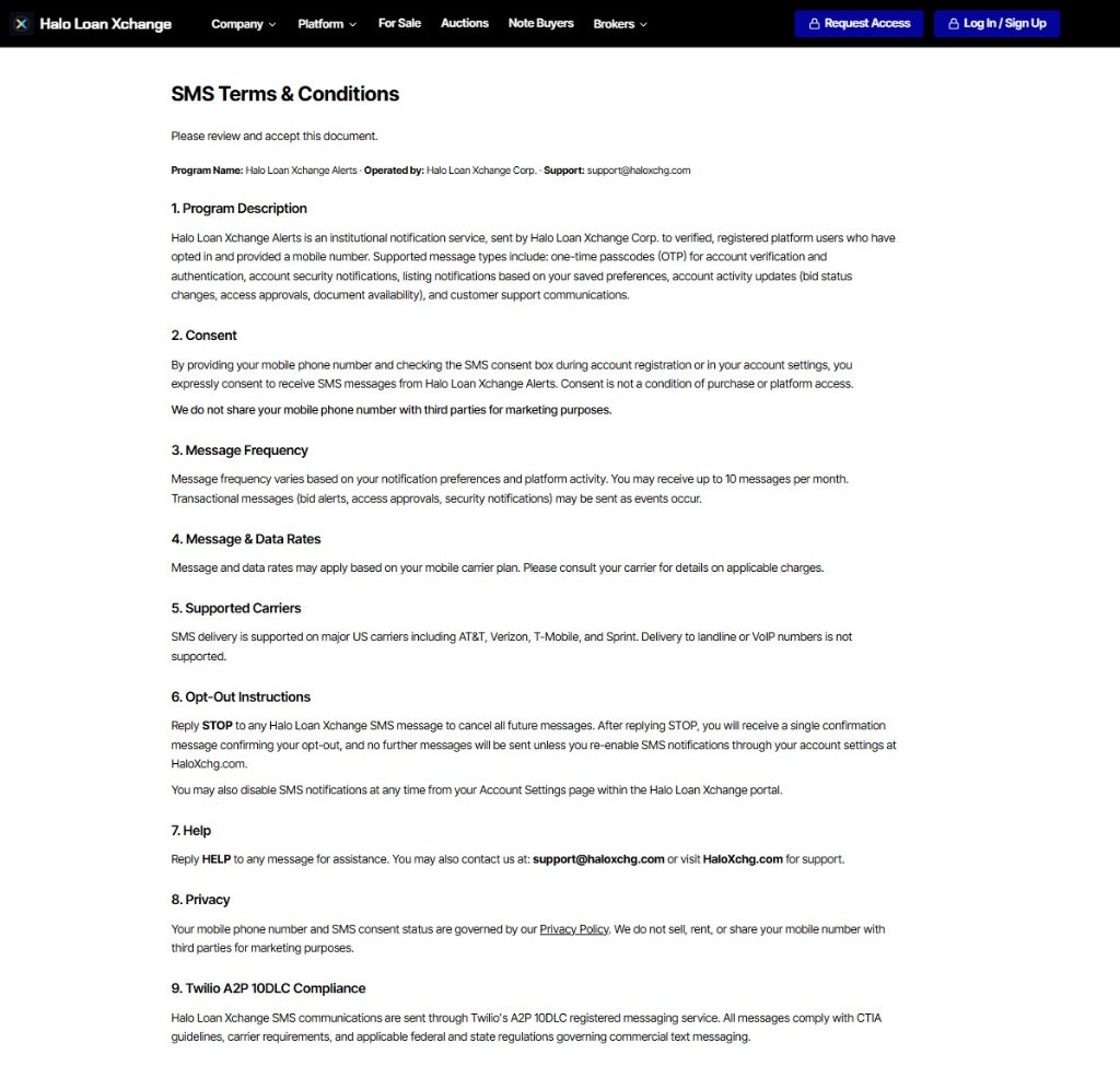 SMS Terms & Conditions — publicly accessible