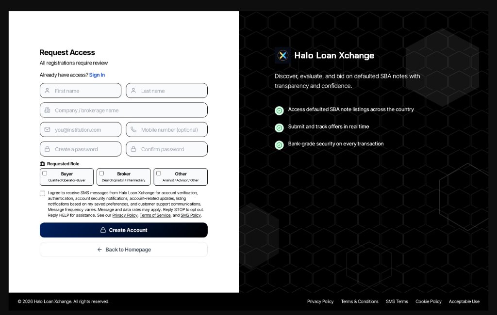 Step 2–6 — Registration Page: mobile number field (optional) and unchecked SMS consent checkbox with inline legal links