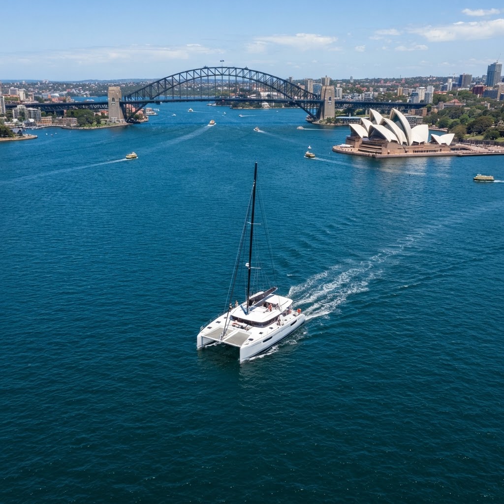 Aerial view catamaran Sydney Harbour